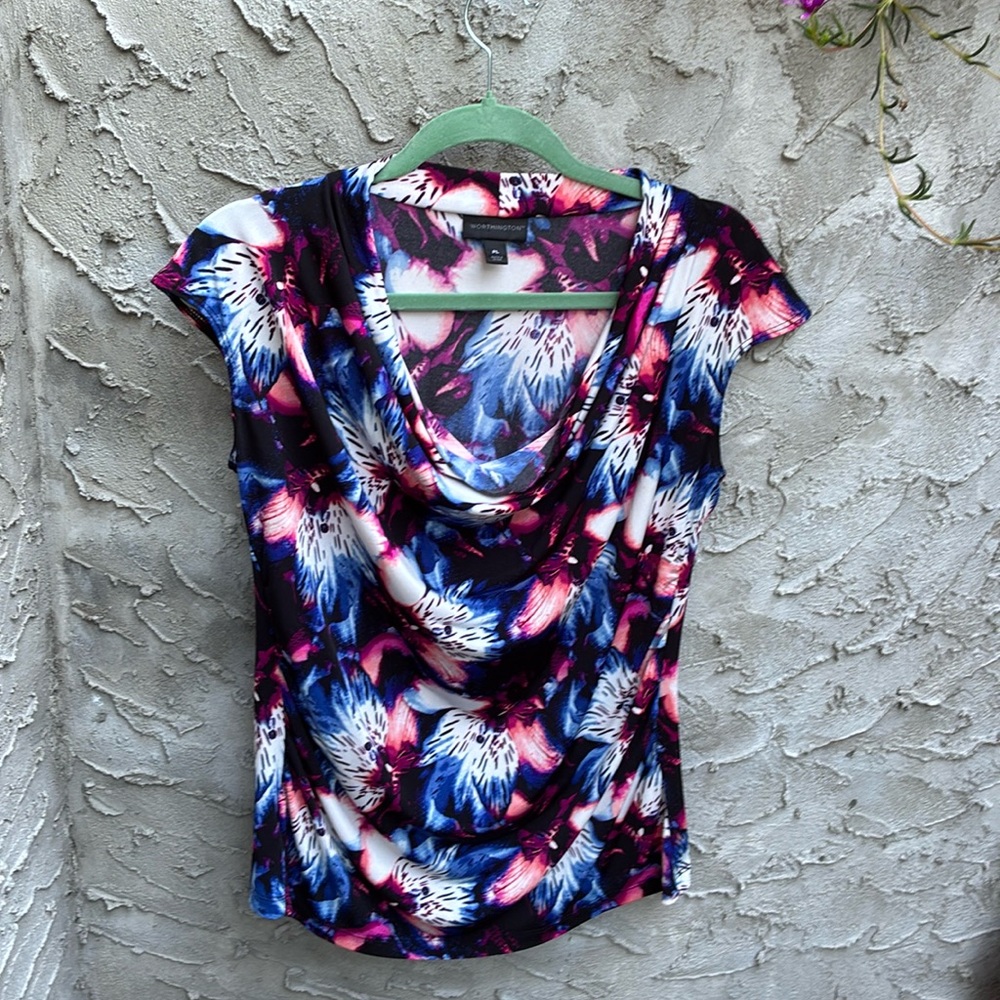 Worthington Floral Women's Slouchy Plunge Neckline Blouse in Blue/Pink NWOT LP